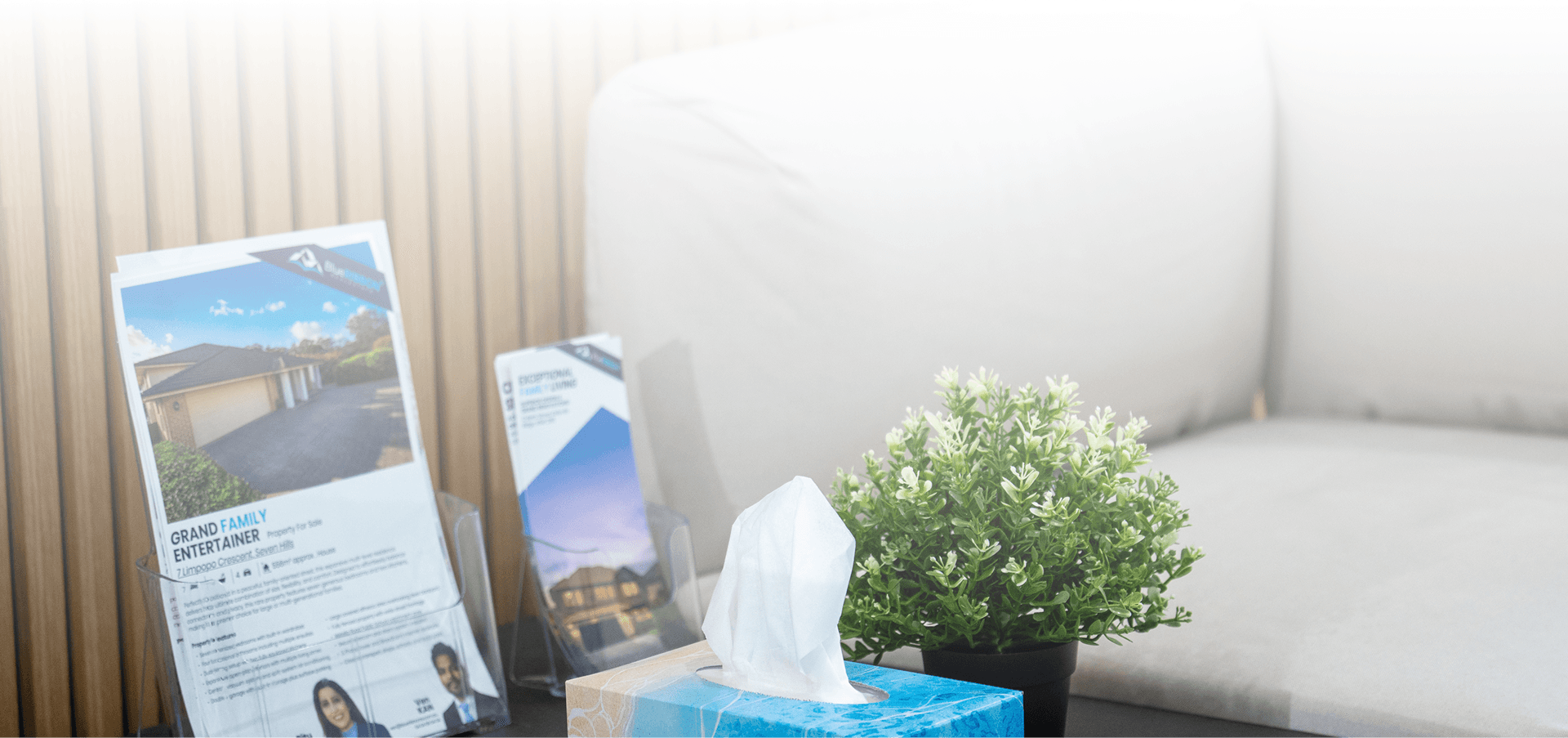 Blue Ribbon property brochures on a table beside a sofa
